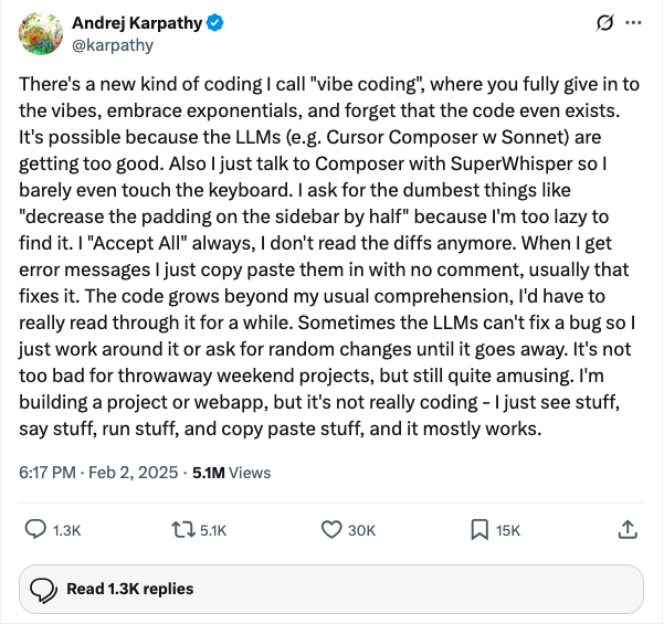 Andrej Karpathy's Tweet on Vibe Coding
